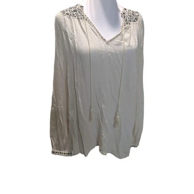 LUCKY BRAND Peasant Blouse Top White Embroidered Size M Cottage Prairie Festival - Image 1 of 4