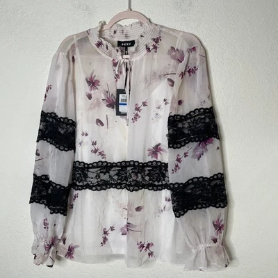 NWT DKNY Balloon Sleeve Floral Sheer Laced Blouse with Cami XL Multicolor - Image 1 of 4