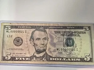 2013 Five Dollar Bill $5 LOW SERIAL NUMBER 00000521 Federal Reserve Note - Picture 1 of 4