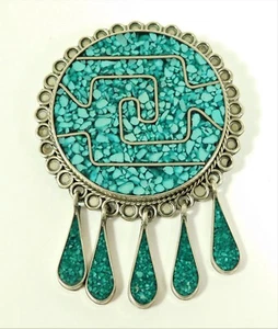 Vintage Alpaka Mexiko Türkis Chip Traumfänger Stil Design Anhänger Brosche - Bild 1 von 8