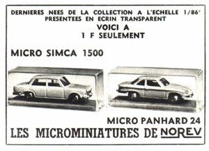 PUB VEHICULE MICROMINIATURE " NOREV " SIMCA 1500 / PANHARD 24 " 1964 - Foto 1 di 1