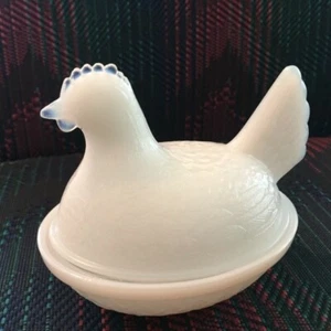 Hazel Atlas Opal Glass Hen On Nest Covered Candy Dish W/ Basket Weave glows red - Picture 1 of 10