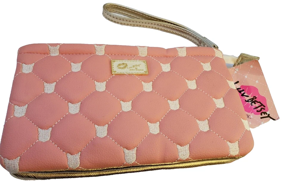 Betsey Johnson Pink White Quilted Leatherette Double Pouch Wristlet Bag
