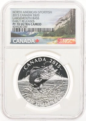 2015 Canada $20 NGC PF 70 Largemouth Bass North American Sportfish Early Release - Image 1 of 3