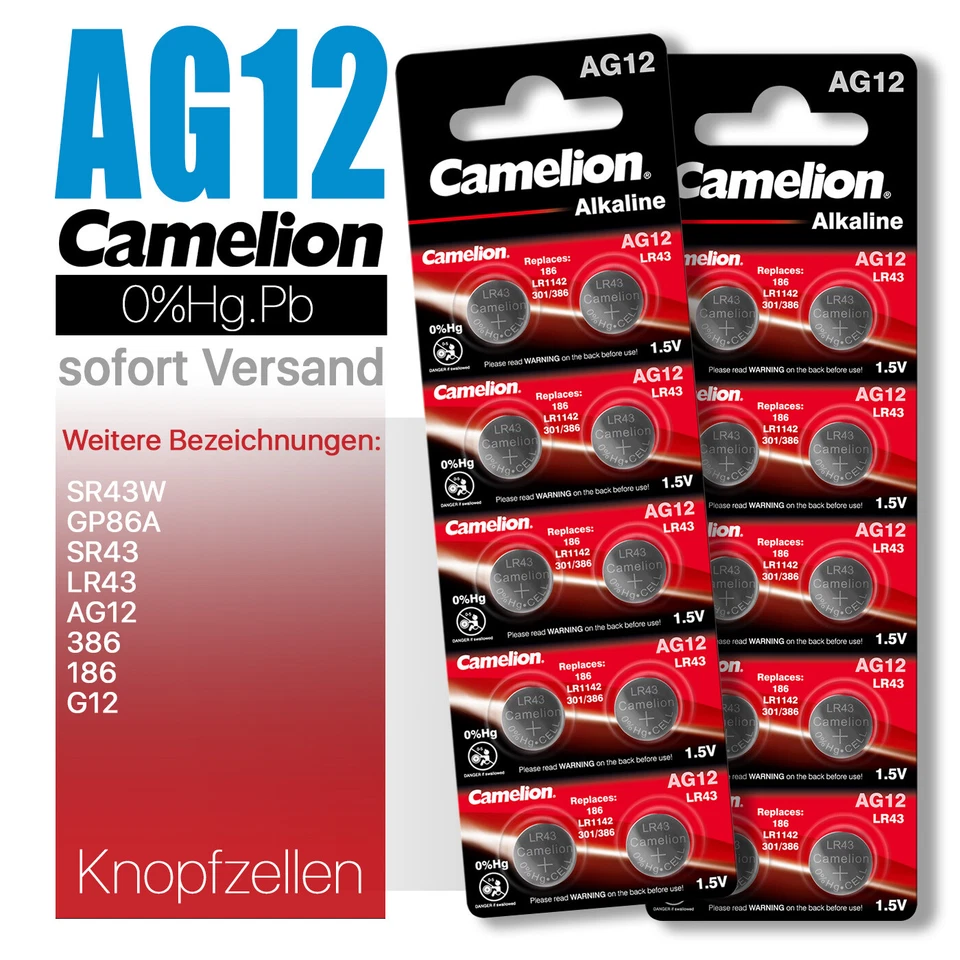 LR43 AG12 386 SR43W GP86A V386 RW84 Camelion Knopfzellen Batterien MHD 10.2027
