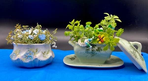 VINTAGE CERAMIC DISHES HAND PAINTED WITH DECORATIVE PLANTS LOT OF 2 - Picture 1 of 12