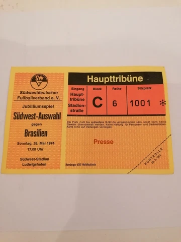 BRAZIL - WEST GERMANY SOUTHWEST REGION XI 3:2, 1974, UNOFFICIAL GAME, TICKET Cover