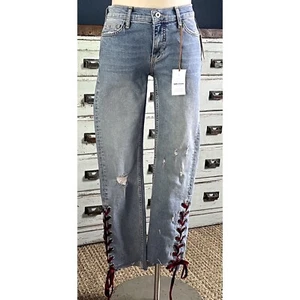 NWT New $158 Anthropologie Pilcro Straight Slim Velvet Laced Distressed Jeans 26 - Picture 1 of 10
