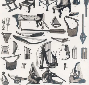 EGYPTIAN FURNITURE & INSTRUMENTS -Ancient Chairs Bed Harp 1884 Antique Engraving - Picture 1 of 2