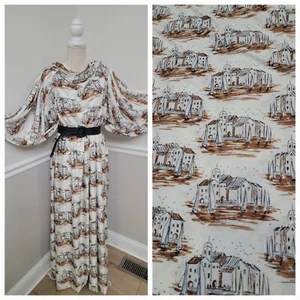 Vintage Polyester Retro FABRICS Old Town/Boats pattern 3,7 Yards by 63" - Picture 1 of 9