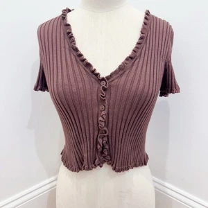 Cardigan marrone bordo increspato manica corta maglia a costine scollo a V cotone Candy LA  - Foto 1 di 11