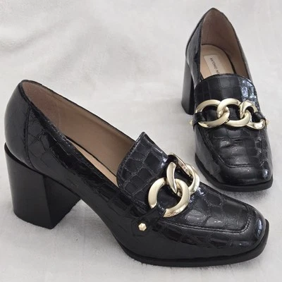 Y2K Antonio Melani Cadena Mocasín Tacón Bloque Zapatos Mujer Talla 10 Cuero Negro Foto 1 de 4