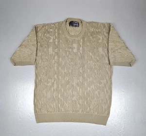 Vintage Clench Jeans Sweater Mens Large Tan Cosby Coogi Textured ShortSleeve  - Picture 1 of 6