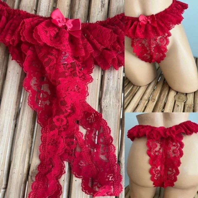 VINTAGE RED LACE RUFFLE BIKINI PANTIES HIGH WAIST sz M - Image 1 of 1
