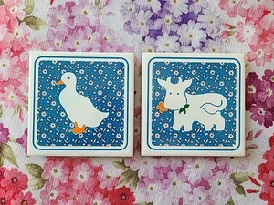 Set of 2 Vintage Country Calico Farm Animal Ceramic Tile Trivets Coasters Duck - Picture 1 of 9