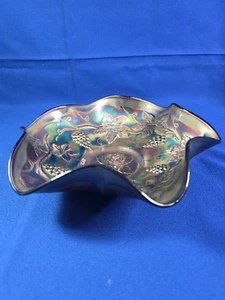 Antique Fenton Amethyst Carnival Glass Fluted Rim Bowl, Grapes and Vine 9 In - Picture 1 of 9