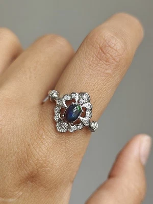 black Opal diamond shaped setting Adjustable Silver Plated Ring - Image 1 of 4