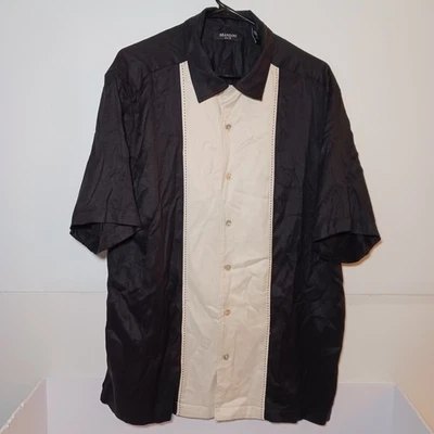 Brandini 100% Silk Black White Button Up Short Sleeve Shirt Mens Sz L - Image 1 of 4