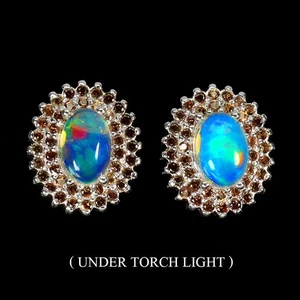 925 Sterling Silver Earrings Oval Fire Opal 7x5mm Sapphire Gemstone Jewelry - Picture 1 of 13