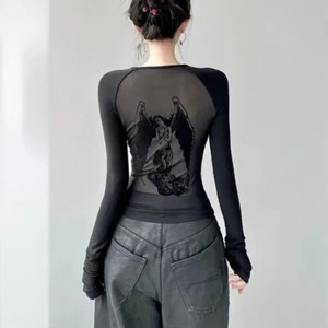 Black Retro Angel Print Slim Fit Long Sleeve T-Shirt Y2K E-Girl Autumn Tops - Picture 1 of 7