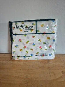 Pacific Extra Strength Muslin Twin Fitted Sheet TEA ROSE Floral Pink Blue Green - Picture 1 of 4