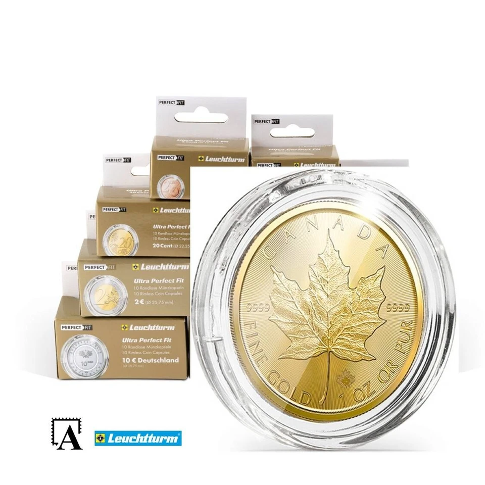 Leuchtturm 10erPack Münzkapsel RANDLOS Ultra Perfect fit 1oz Maple Leaf Gold 30m