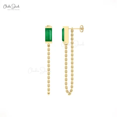 6x3mm Emerald Dangle Earrings 14k Solid Gold Half Bezel Set Chain Drop Earrings - Image 1 of 4