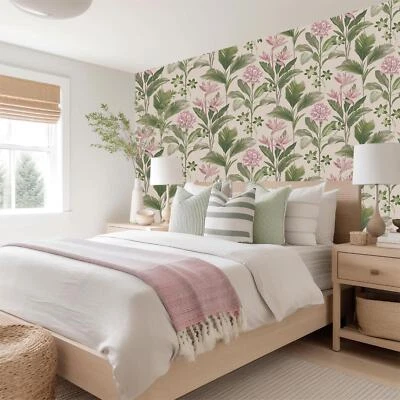 Tropical Oliana Floral Palm Leaves Blossoms Belgravia Wallpaper Green Pink 8495 - Image 1 of 4