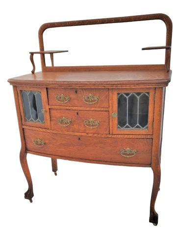 Vtg Victorian TIGER OAK SERVER / SIDEBOARD with Leaded Glass Doors & Claw Feet Cover