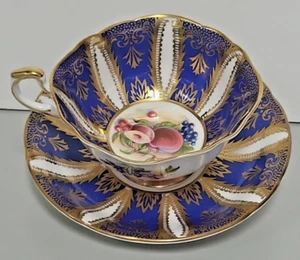 Paragon Cobalt Blue Gold Square Her Majesty's Cup & Saucer Fruit Pattern England - Picture 1 of 8