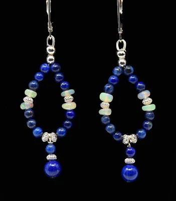 Sterling Silver & AAA White Welo Opal W/ Lapis Lazuli, Leverback Earrings! - Image 1 of 2