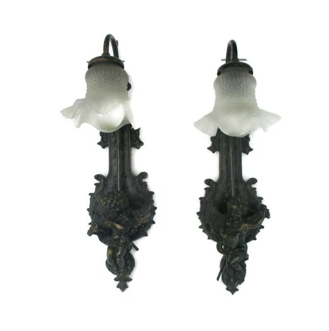 Pair Gorgeous Wall Sconces Putti Cherub Angels Rococo Resin Glass Shades  HTF Cover