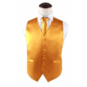 Mens Gold Plain Vest Waistcoat & Matching Neck Tie - Picture 1 of 2