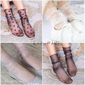 Womens Mesh Socks Lace Ruffle Sheer Silky Glitter Fishnet Short Ankle Stockings - Picture 1 of 12