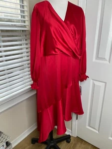 DKNY Damen Faux Wickel Langarm Kleid Größe 22W rot asymmetrischer Saum neu mit Etikett $ 139 - Bild 1 von 9