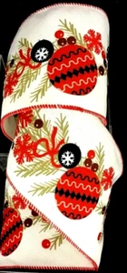 Red Christmas Ornaments 4" by 2 yard Creamy Ivory Wired Ribbon Classic Lodge Ski - Picture 1 of 3