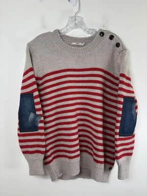 Suéter feminino OBEY listrado gola redonda denim remendo cotovelos tamanho grande médio - Imagem 1 de 4