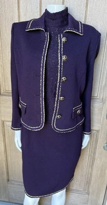 St John. Collection Deep Purple Knit Suit 3 Piece Set Size 4 Gold Accents - Image 1 of 4