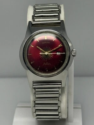 Reloj de pulsera Omax vintage 17 joyas esfera roja hecho en Suiza manual para hombre Foto 1 de 4