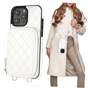 Crossbody Wallet Case for iPhone 16 Pro Max, RFID Blocking PU Leather White - Picture 1 of 7