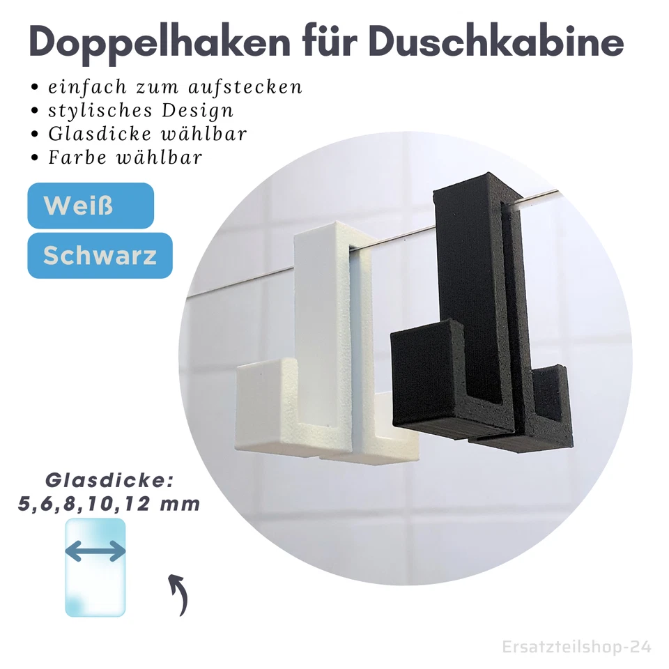 Haken für Duschkabine - Doppelhaken  Typ "Style", Auswahl Glasdicke u. Farbe - Bild 1 von 1