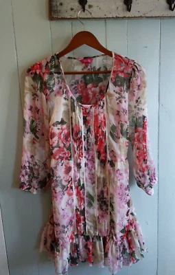 Floral Boho Blouse Top Ladies Sz 8 Changes by Together Red Pink Green Sheer Slip - Image 1 of 4