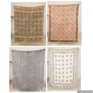 Indian Soft Cotton Throws Blankets for Sofas Hand Loom Hand Block Printed Throws - Picture 1 of 37