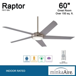 Minka Aire F617L-BN Raptor 60" LED Brushed Nickel Ceiling Fan + Remote Control - Picture 1 of 8