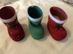 Vintage (2) rot & grün Filz beflockt Weihnachtsmann Stiefel Set Stechpalme Beeren Japan - Bild 1 von 4