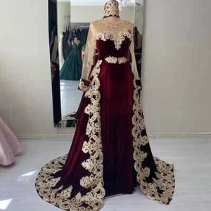 Burgundy Kaftan Evening Dresses Appliques Detachable Algerian Wedding Party - Picture 1 of 6
