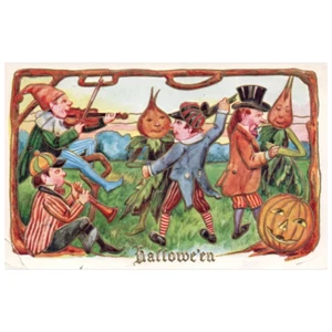 Halloween Men Dancing w/ Onions & Playing Instruments Pumpkin Halloween Postcard - Picture 1 of 2
