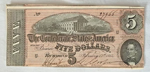 Civil War Confederate States of America $5 bill Note  uncir condition  2/17/1864 - Picture 1 of 2