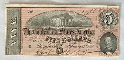 Civil War Confederate States of America $5 bill Note  uncir condition  2/17/1864 - Image 1 of 2