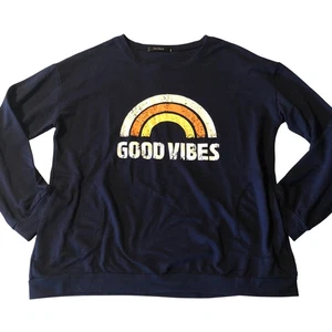 TecCrew Sweatshirt Womens XXL Good Vibes Rainbow Pullover Crewneck Pockets Blue - Picture 1 of 13